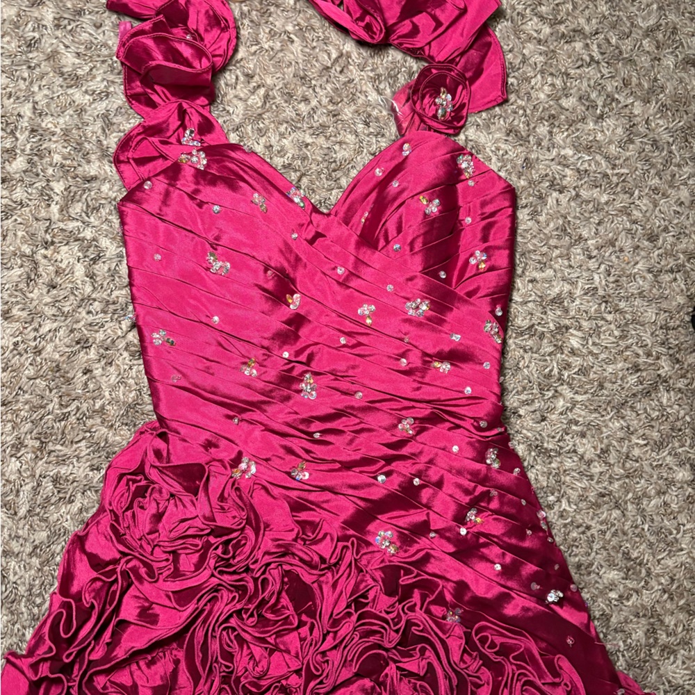 Mori Lee Hot Pink Halter Cocktail Dress with Embellished Bodice - Picture 2 of 6